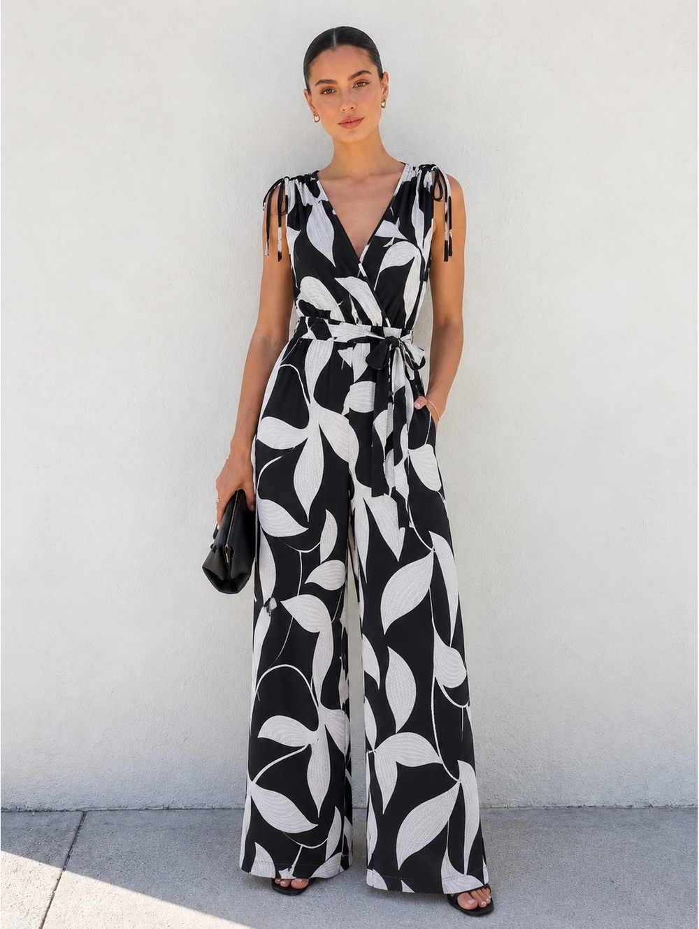 Lola + Kenni Black White Floral Wide Leg Wrap Jumpsuit Size L Belted Resort